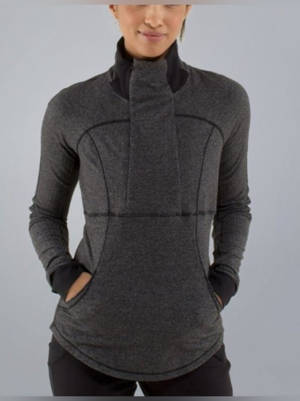 Lululemon Base Runner 1/2 Zip Heathered Herringbone Black Reflective Trim Sz 6